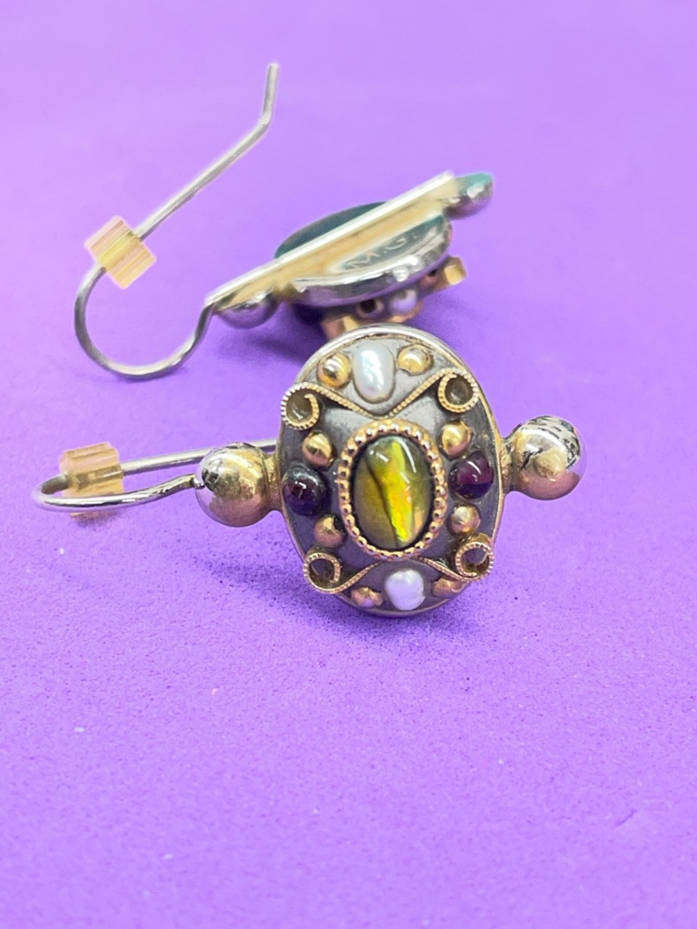 Gold-Tone Earrings with Green Iridescent Cabochon